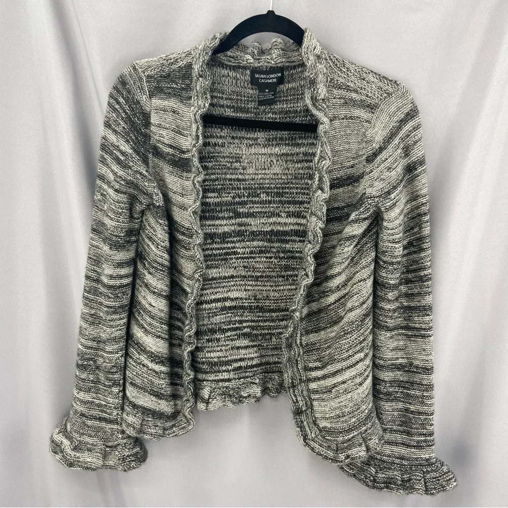 Tashia London Cashmere Ruffle Trim Open Cardigan‎ Sweater in  Heathered Gray Med